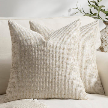 Pack of 2 Neutral Euro Sham Covers 26x26 Boho Textured Dots Stripe Chenille Large Square Decorative Throw Pillow