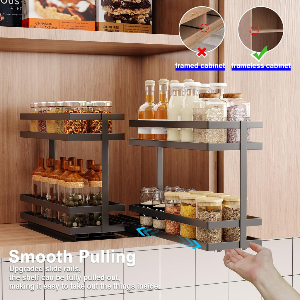2 Pack Pull Out Spice Rack Organizer for Cabinet, 2 Tier Metal Slide Out Seasoning Organizer and Storage Heavy Duty