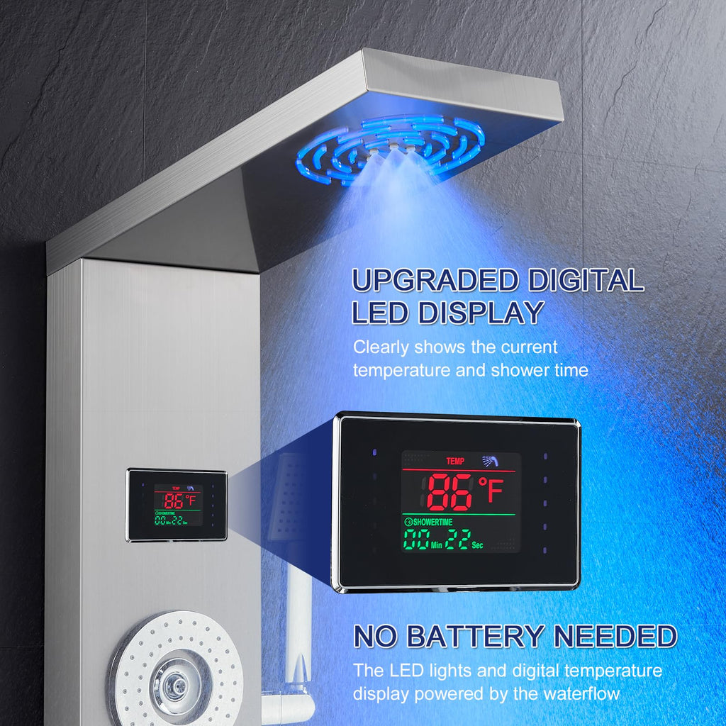6-in-1 LED Rainfall Mist Shower Panel Tower System, Brushed Finish