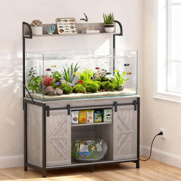 55-75 Gallon Fish Tank Stand with Power Outlets, Heavy Duty Metal Frame Aquarium Stand with Barn Door, Turtle Reptile