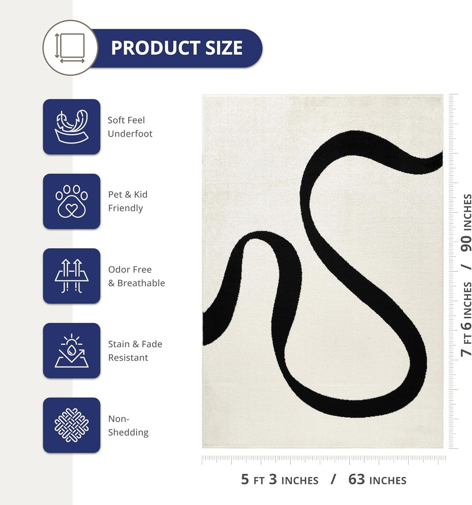 5x8 Black and Cream Area Rug | 5' x 8' White Abstract Swirl Wave Carpet | Beige/Ivory Geometric Wave Design |