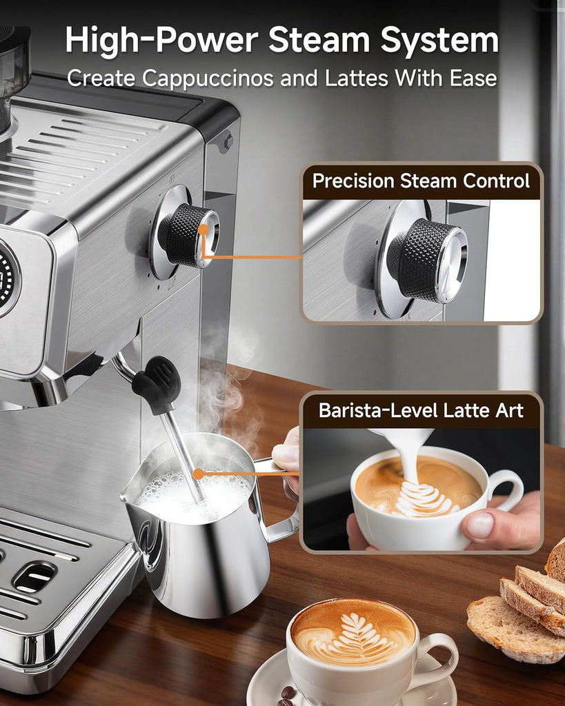 Espresso Machine with Grinder,20 Bar,44 Grind Setting,Milk Frother | Stainless Steel Coffee Maker , Temp Control