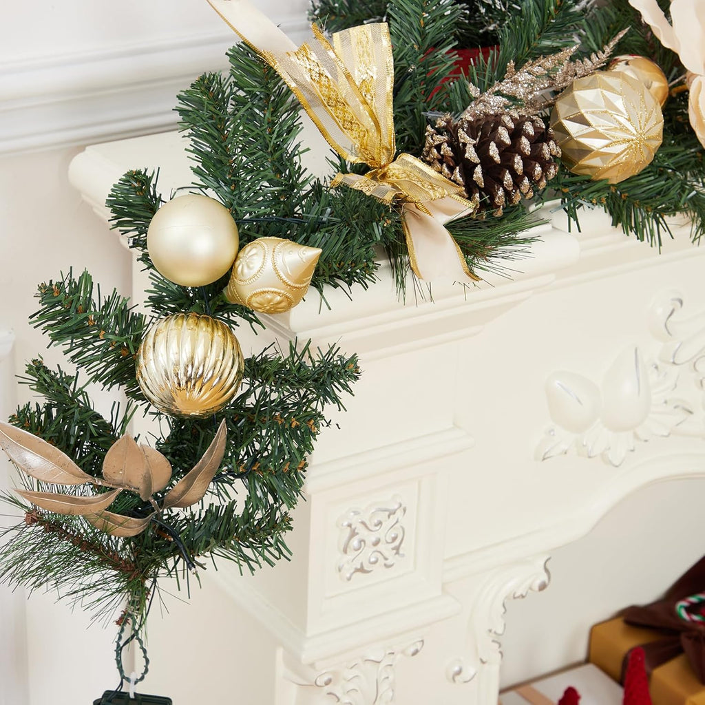 6ft Christmas Garland with Lights, Prelit Outdoor Christmas Garland with Timer 20 LED Lights Pine Cones Gold Ball