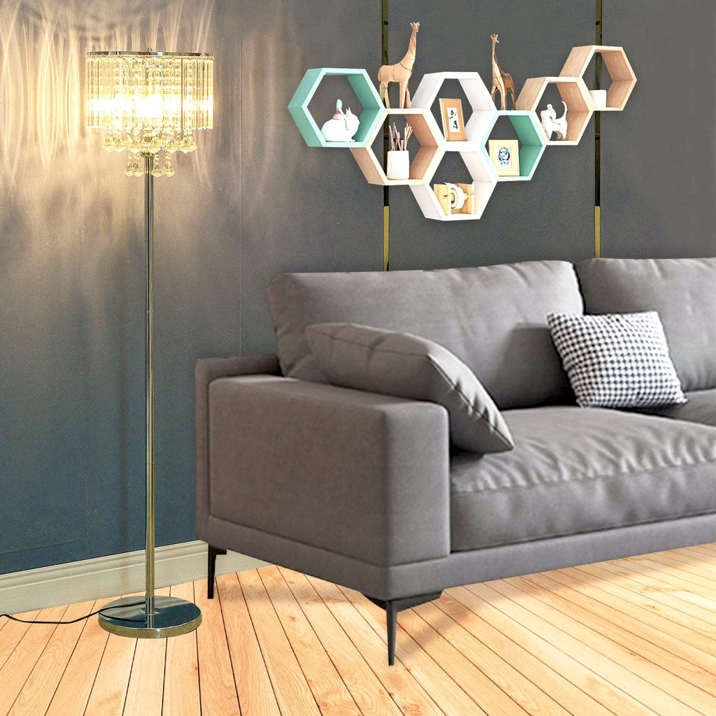 Modern Elegance Crystal Floor Lamp, On/Off Foot Switch, Crystal & Glass 3-Lights Standing Light, Reading Corner Lamp