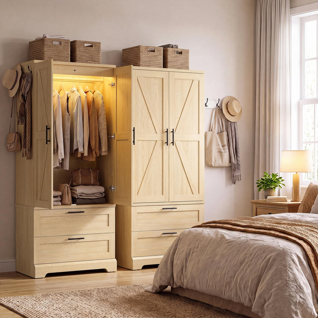 70.9" Wardrobe Closet with Sensor Light, 2 Drawers (Oak)