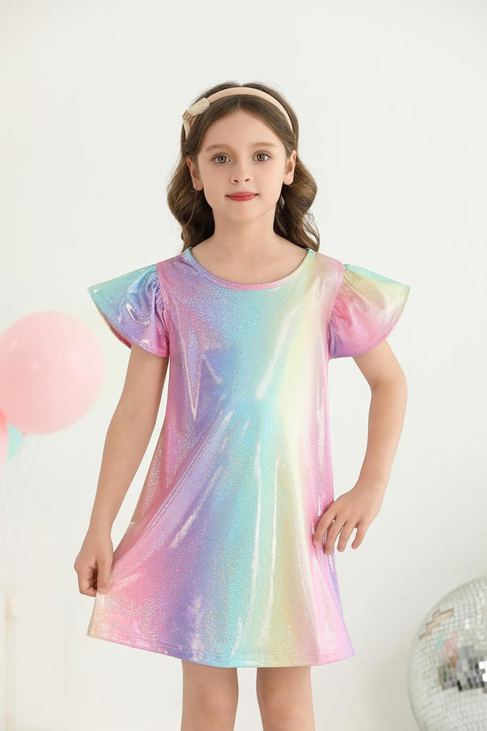 Party Dress Metallic Shiny Sparkly Flutter Sleeve Midi Dress