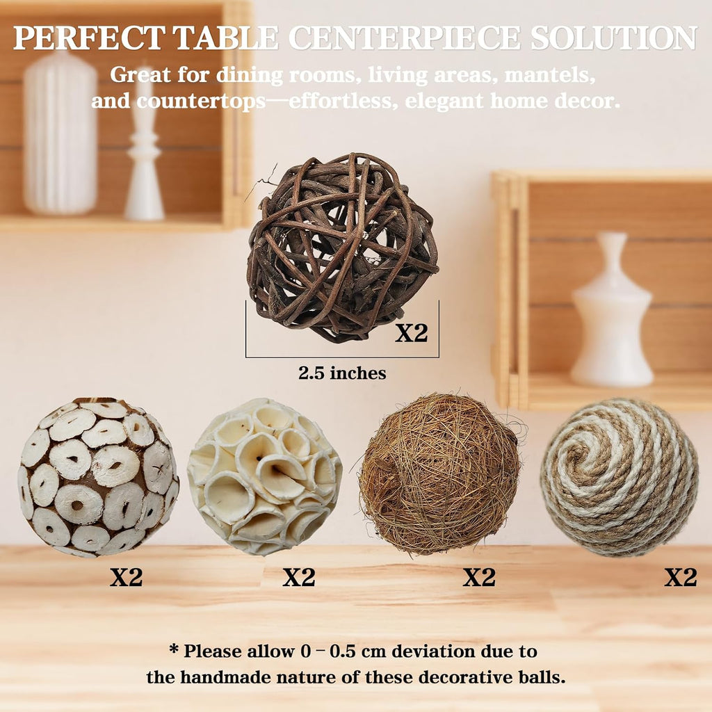 2.5" Decorative Balls for Bowls, Natural Handmade Orbs Bowl Filler Decor, Table Centerpiece & Dough Bowl Vase - Set of 10