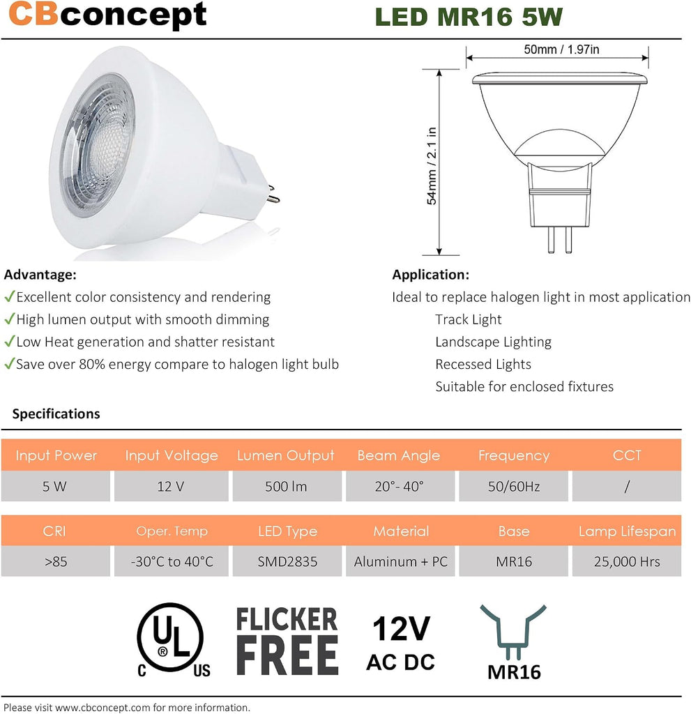 UL-Listed MR16 GU5.3 LED Bulbs, 5 Watt, Dimmable 500 Lumen, Pink, 36°Beam Angle, 12V, 50W Halogen Equivalent