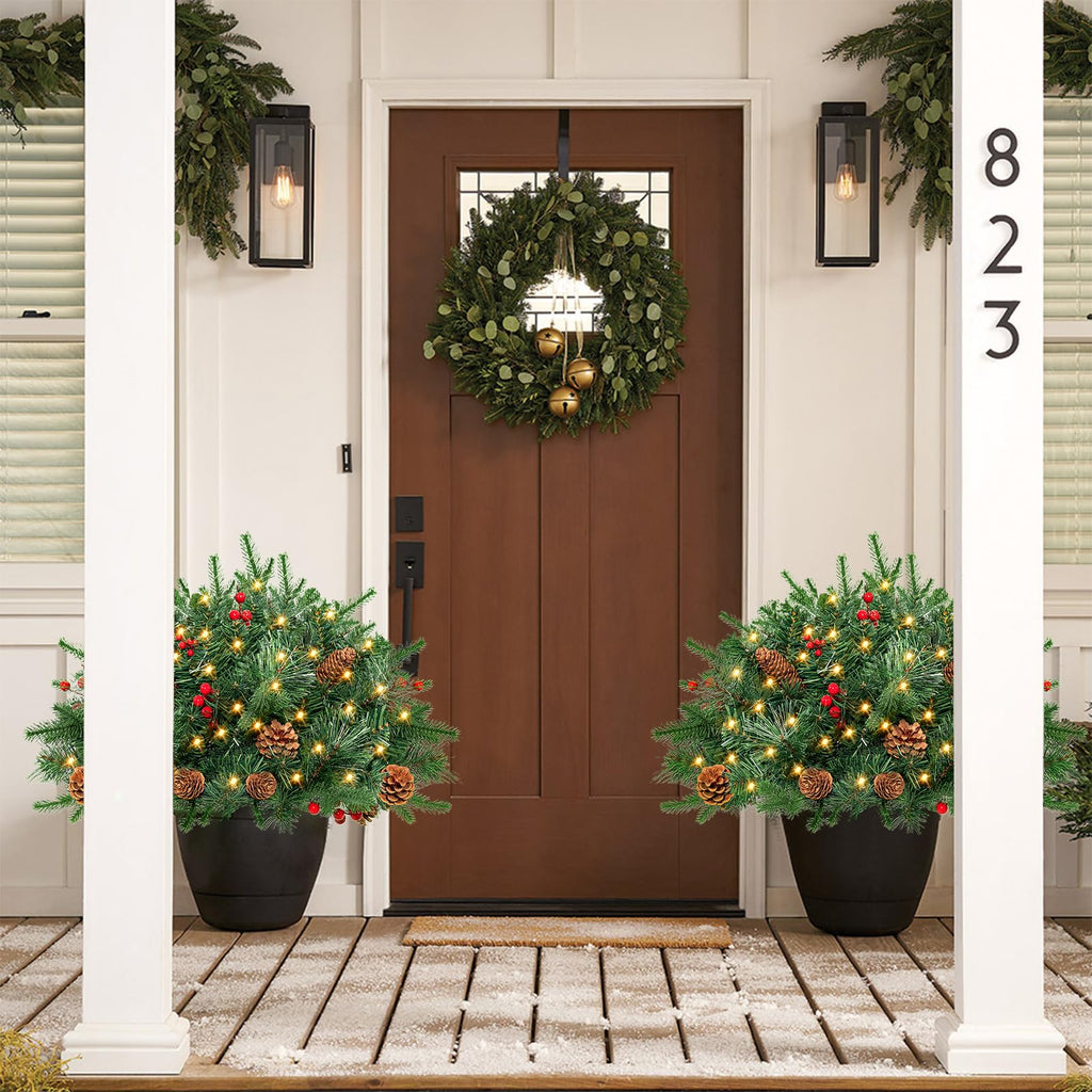 Outdoor Christmas Tree Frosted Urn Filler 2 Set, Pre-lit Artificial Xmas Tree with Cones & Red Berries, Small
