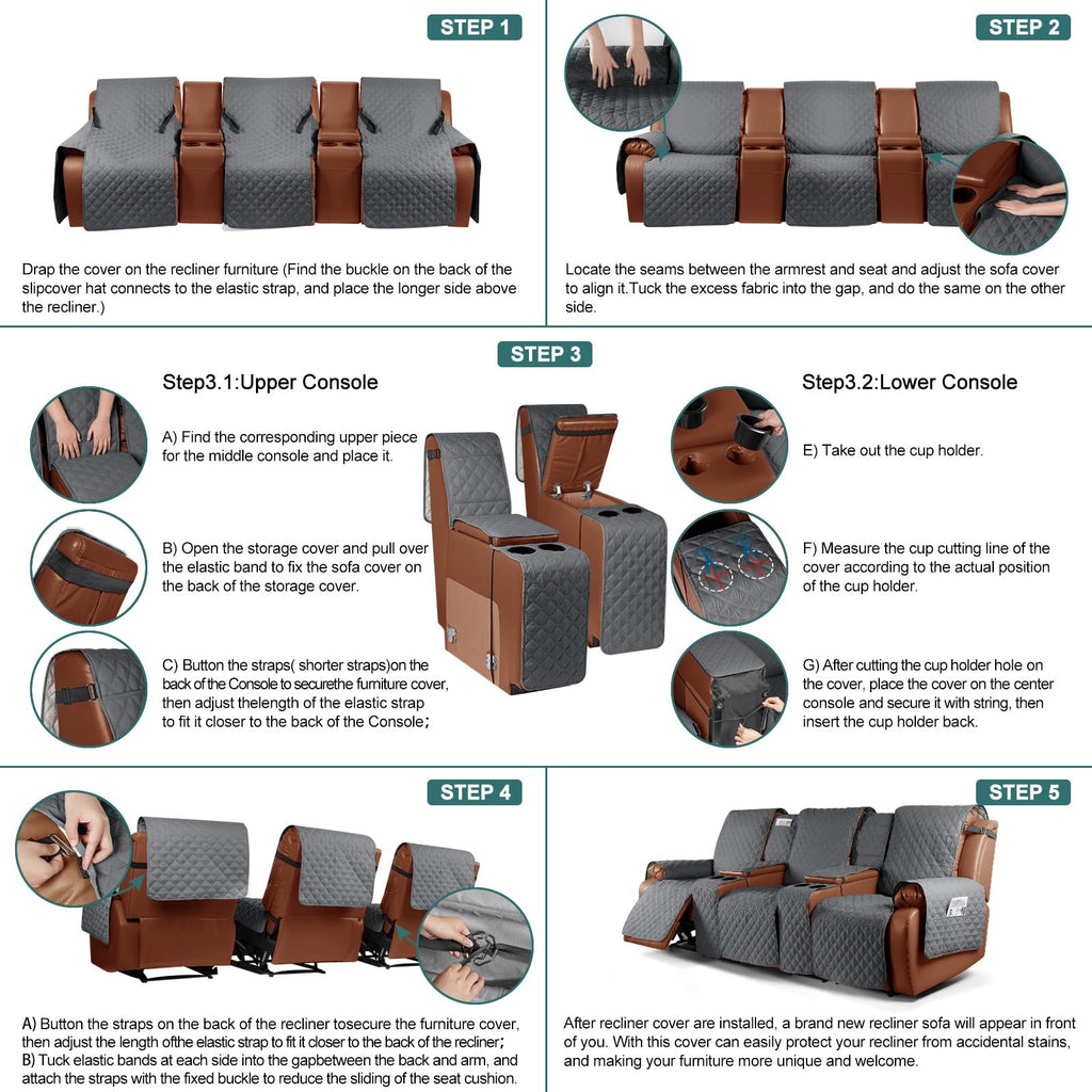 Waterproof Recliner Sofa Cover with Console, Dark Grey