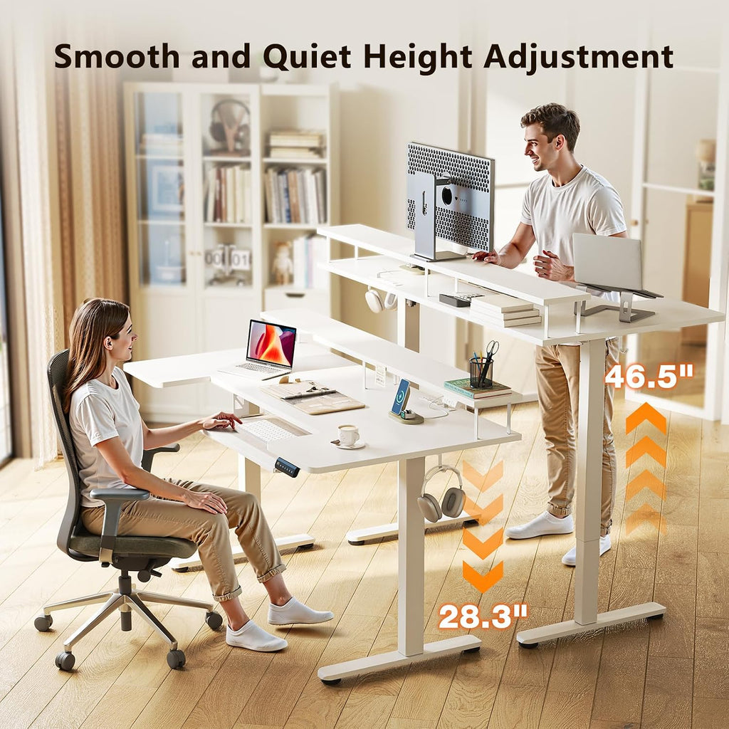 55 Inch U Shaped Electric Standing Desk with Keyboard Tray, White | 3 Outlets & 2 USB Ports, Dual-Monitor Stand, 10