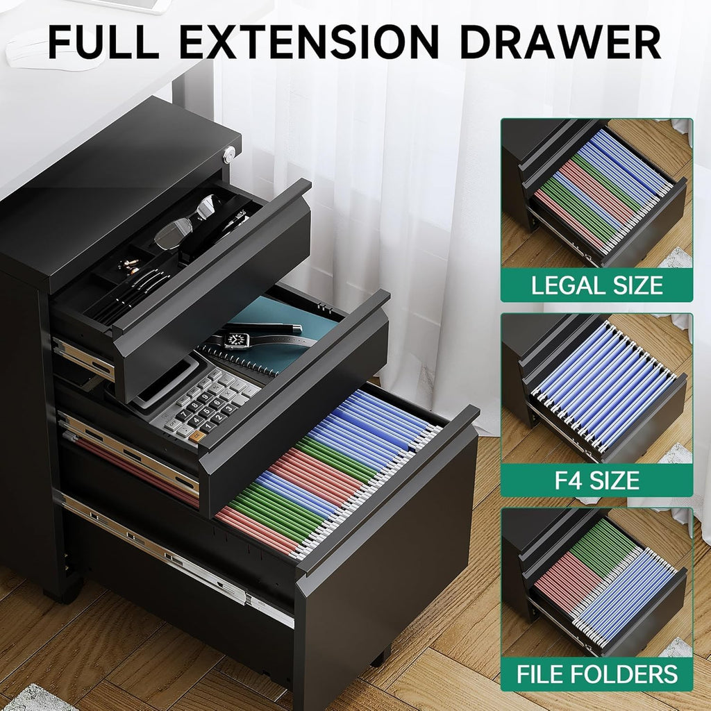 3 Drawer Mobile File Cabinet with Lock, Under Desk Metal Rolling Filing Cabinets Organizer Letters/Legal/A4 (Black