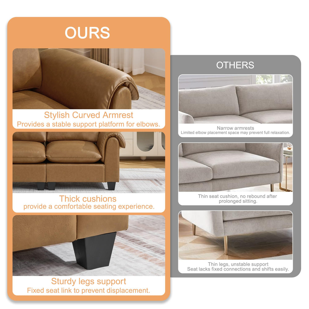 118" Faux Leather Modular Sectional Upholstered, Oversized 4 Seater Couch with Curved Armrests, Cloud Modern