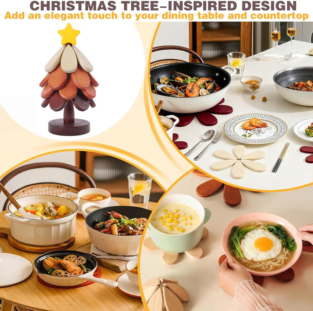 Wooden Trivets for Hot Dishes, Christmas Tree Shape Trivet for Hot Pot Pans, Wood Coasters Counter Decor - Set of 4