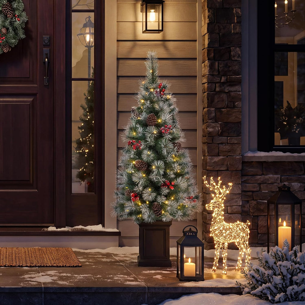 Small Christmas Tree Set of 2, 4ft Prelit Artificial Christmas Porch Tree, Potted Christmas Tree for Entrance with 80