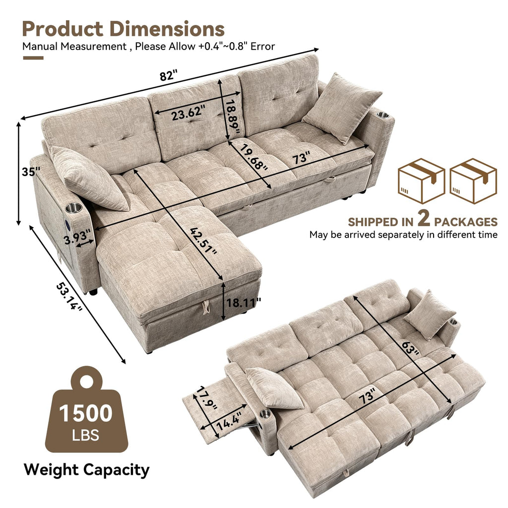 82" Sleeper Sectional Sofa, Comfy Convertible Sofa Bed with Pull Out Couches, Chenille L Shaped Couch with Reversible