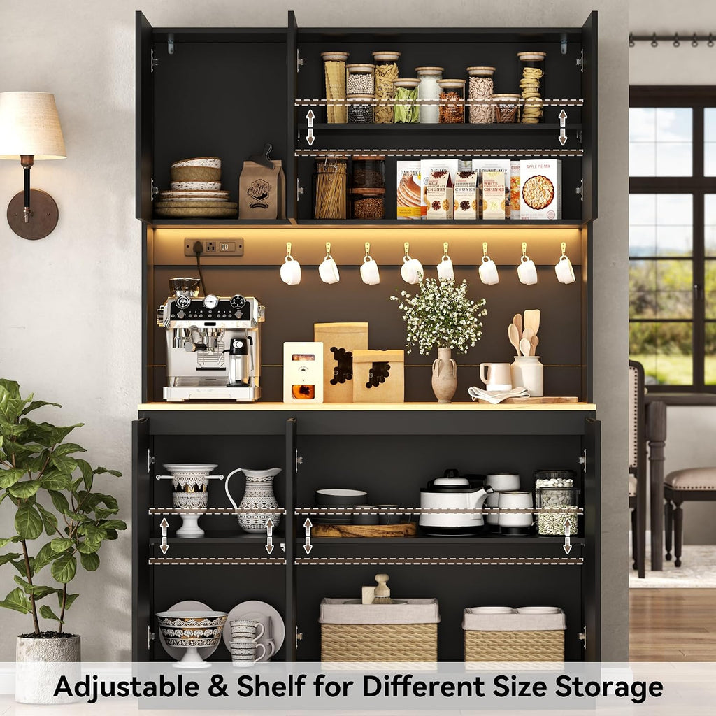 71" Kitchen Pantry with Power Outlet & LED Light, Large Kitchen Hutch Cabinet with Adjustable Shelf, Modern Buffet