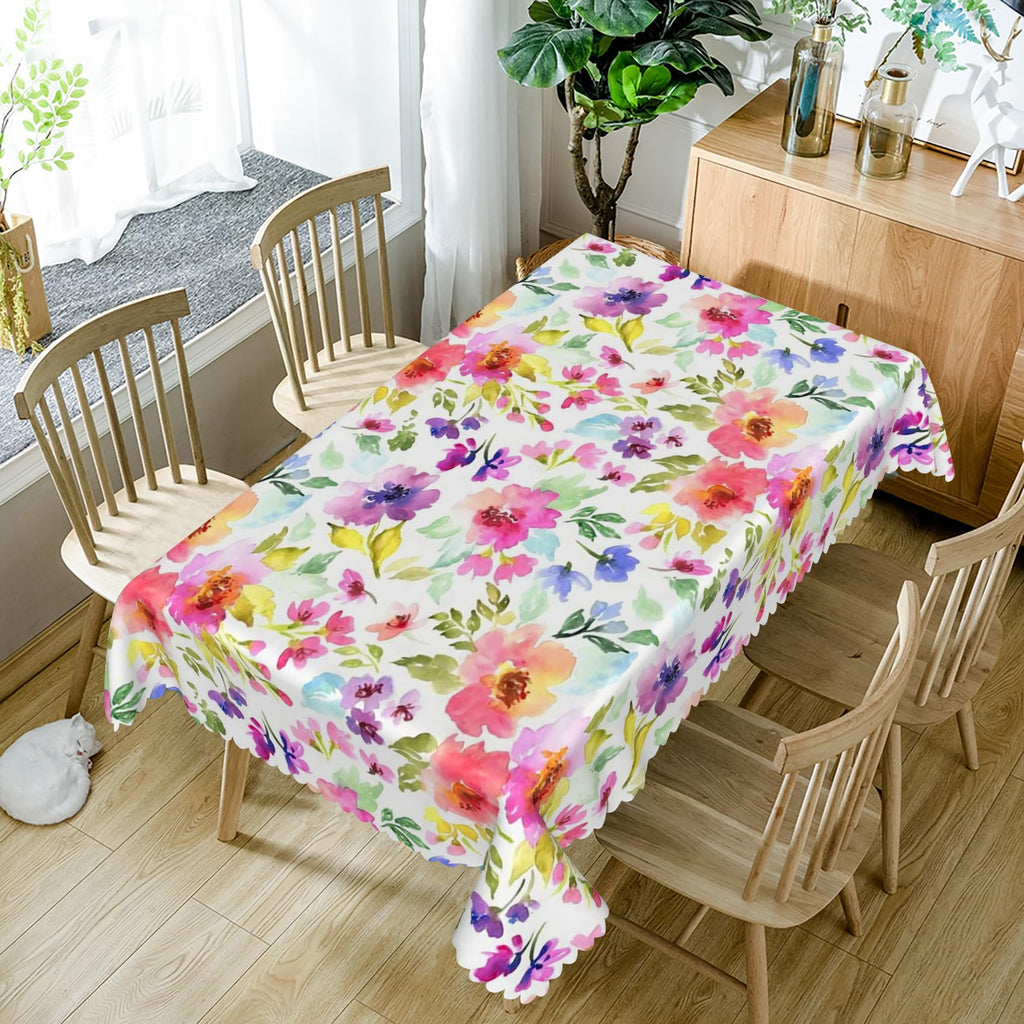 60x102inches Spring Floral Rectangle Tablecloth Colorful Watercolor Flowers with Leaves Printed Table Clothes Cover