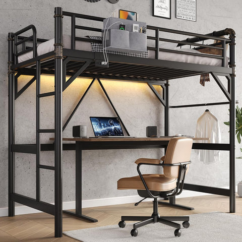 Twin Loft Bed with LED Lights and Charging Station