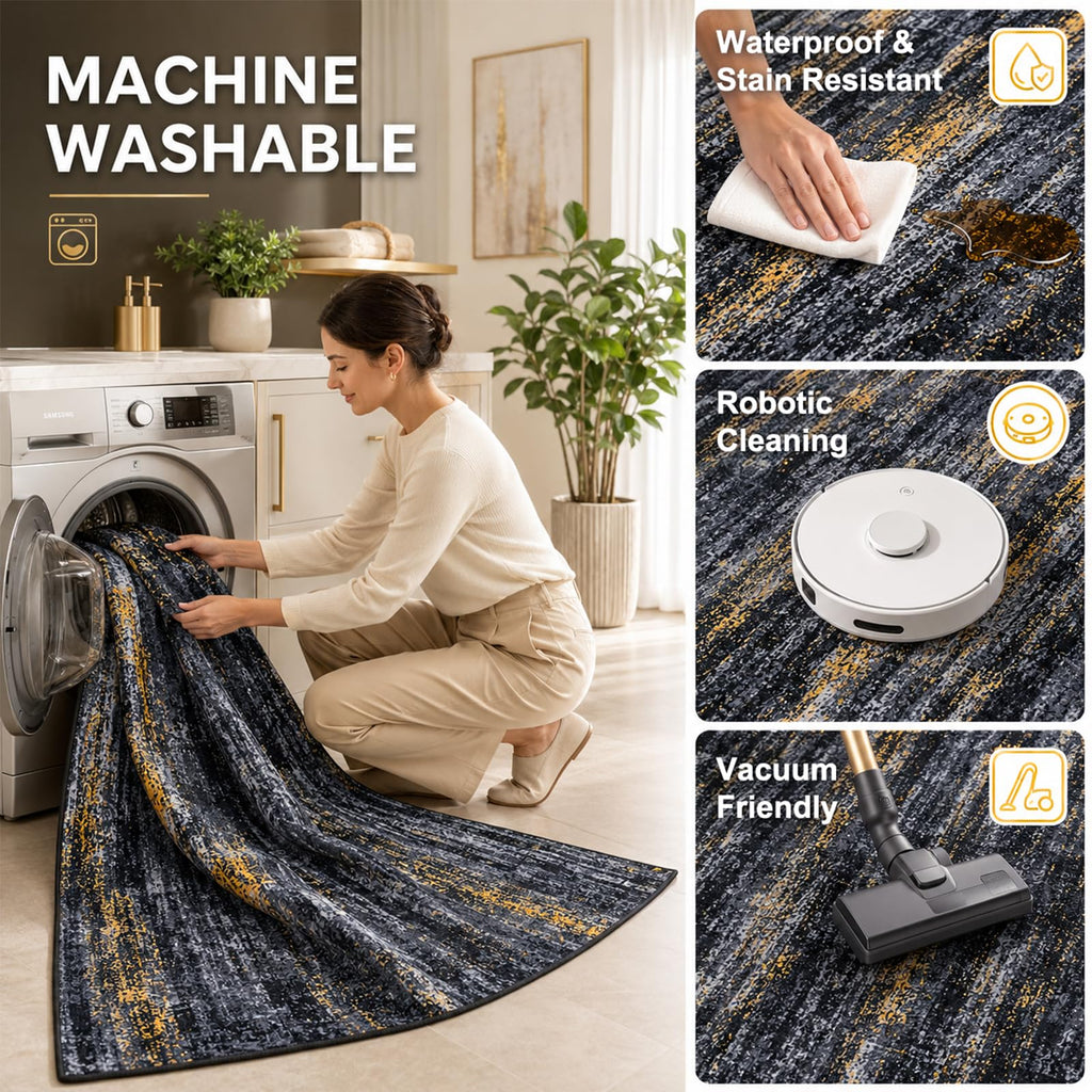 Washable Area Rug, Abstract Rug Black Gold