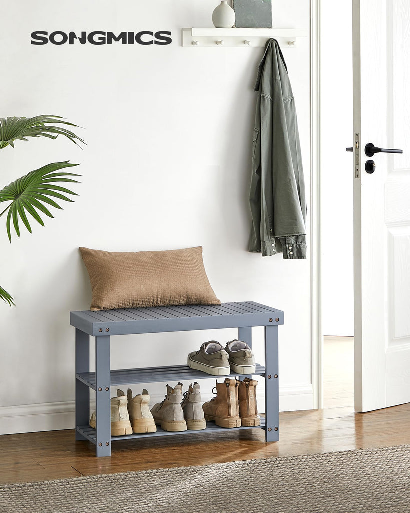 Shoe Rack Bench, 3-Tier Bamboo Entryway Bench, 27.6 Inches Width