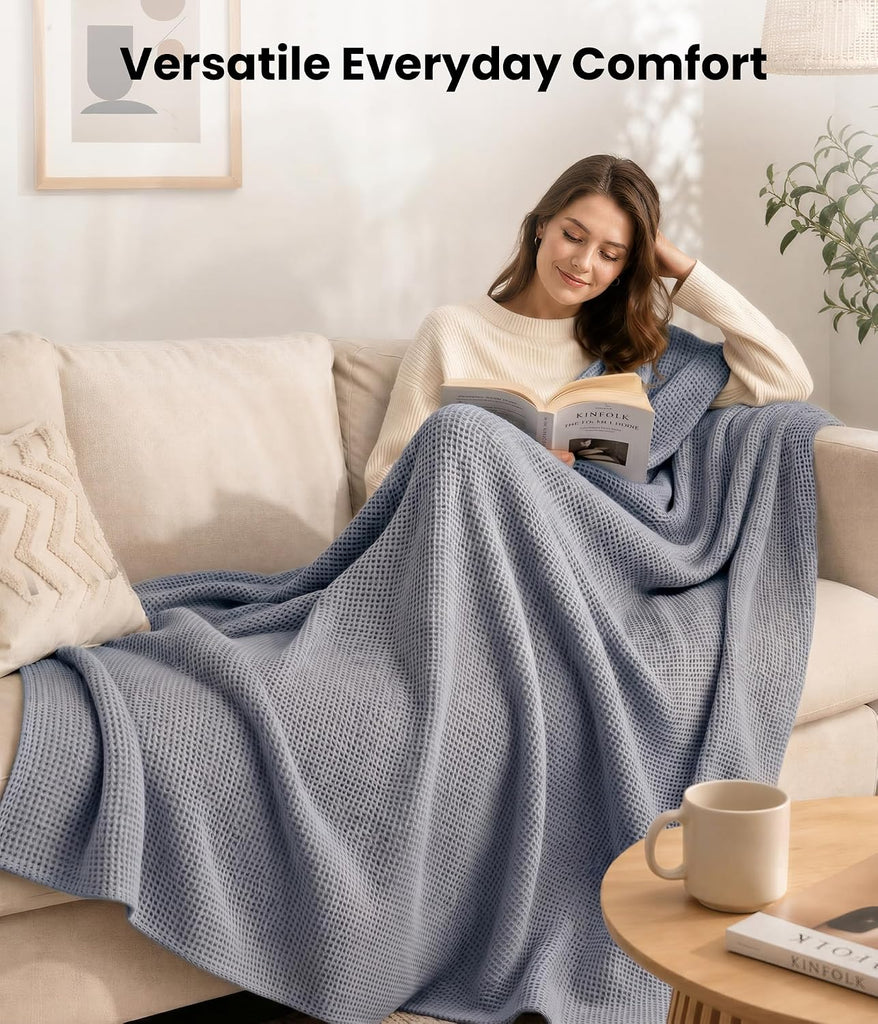 100% Bamboo Rayon Waffle Blanket Twin Size, 60x80 Inch, Blue Gray | Super Soft, Breathable, Lightweight Blanket for