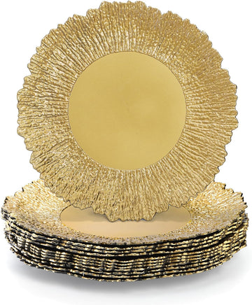 Gold Charger Plates, 13" Plastic Reef Serving Chargers for Dinner Plate Reusable Round Shiny Decorative - Set of 12