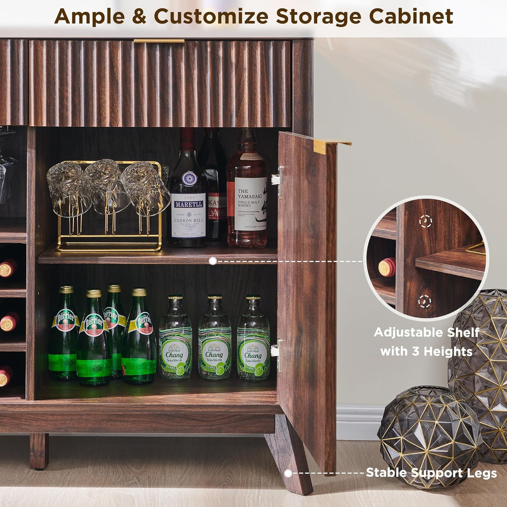 60" Fluted Wine Bar Cabinet, Mid-Century Modern Sideboard, Dark Walnut | 3 Spacious Drawers, 3 Stemware Racks, 12