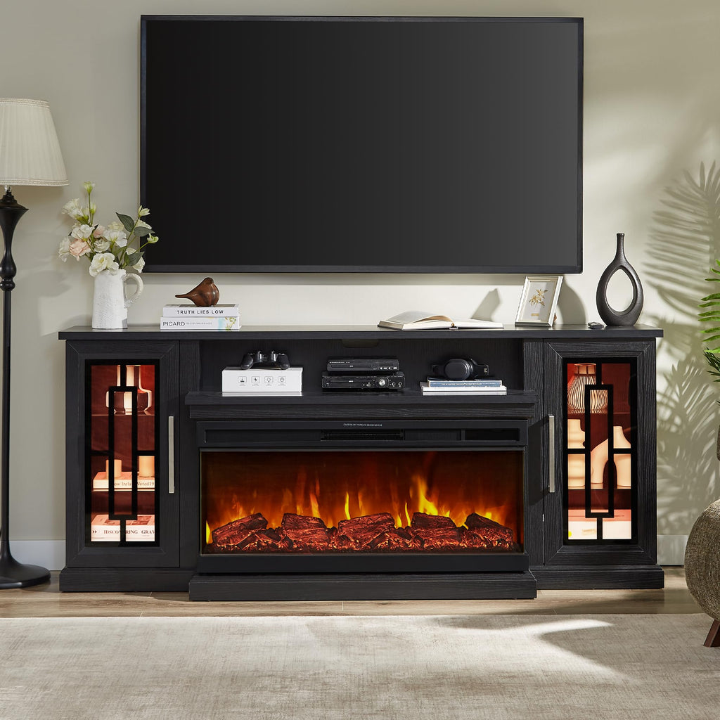 75 Inch Electric Fireplace TV Stand, 3- Side Glass LED Modern Media Entertainment Center Console Table for TVs up to