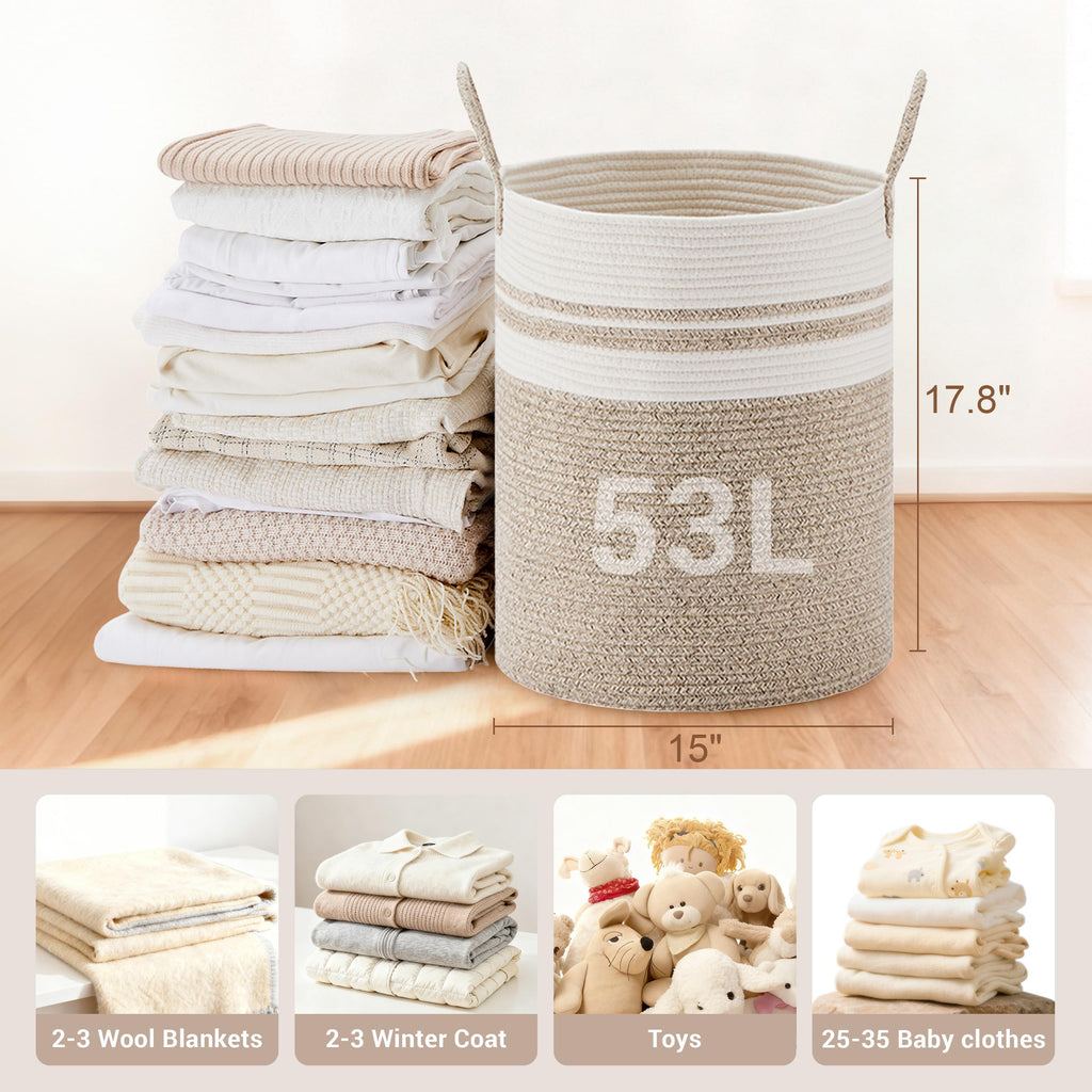 53L Tall Cotton Rope Laundry Basket with Handles, White & Brown