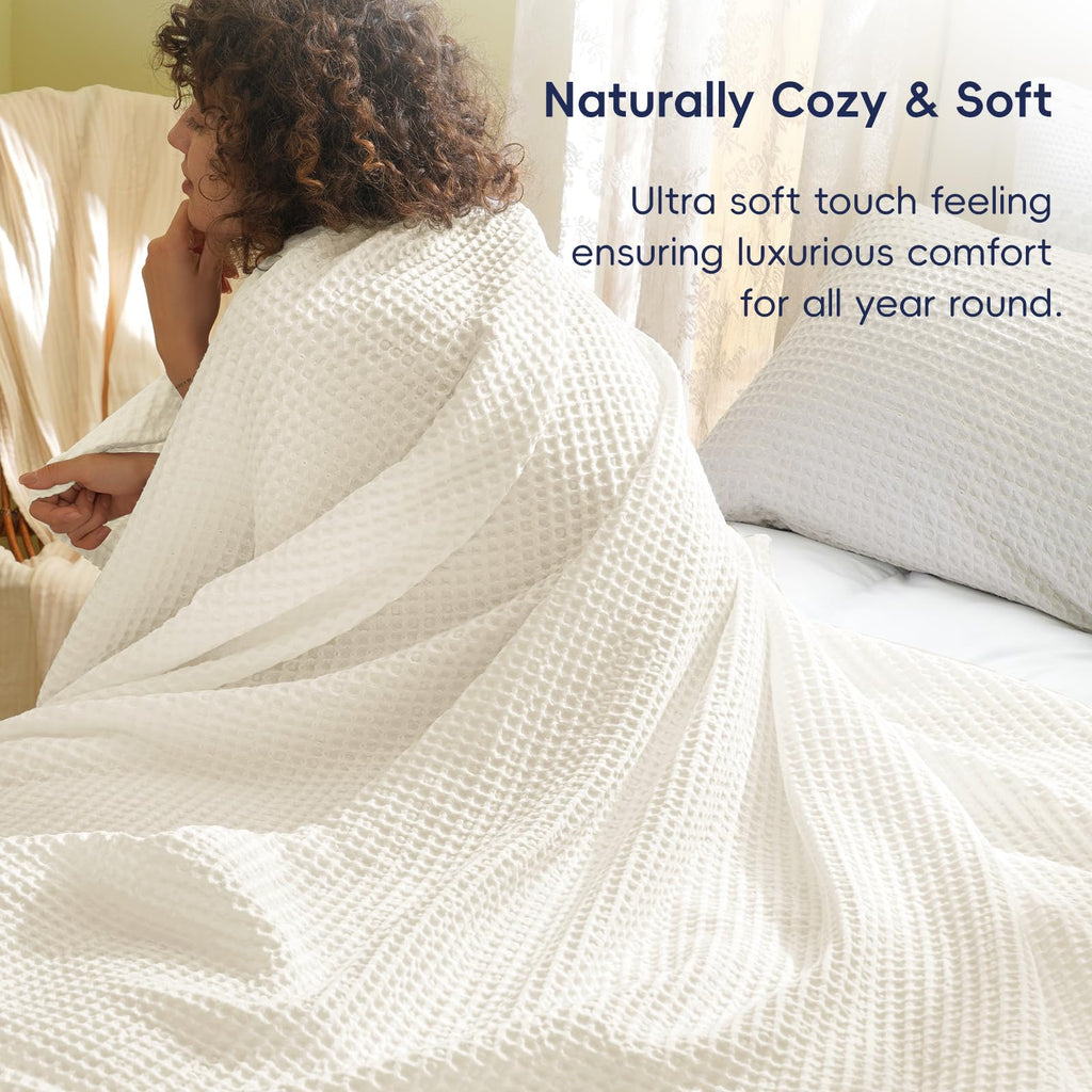 Ultra Soft Waffle Weave Blanket for Bed, Queen Size, Coconut White