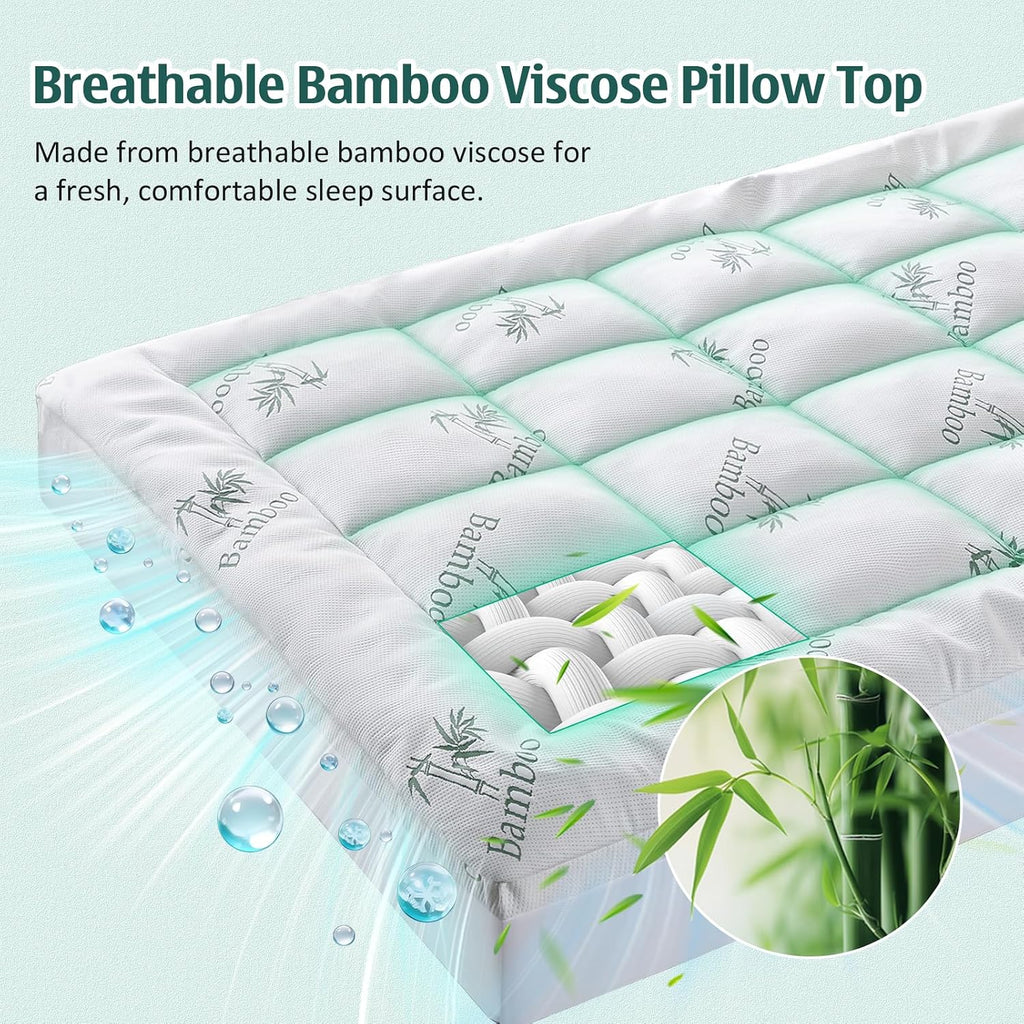 Memory Foam Mattress Topper Full, Viscose Derived from Bamboo | Pillow Top Mattress Pad for Back Pain Relief | Deep