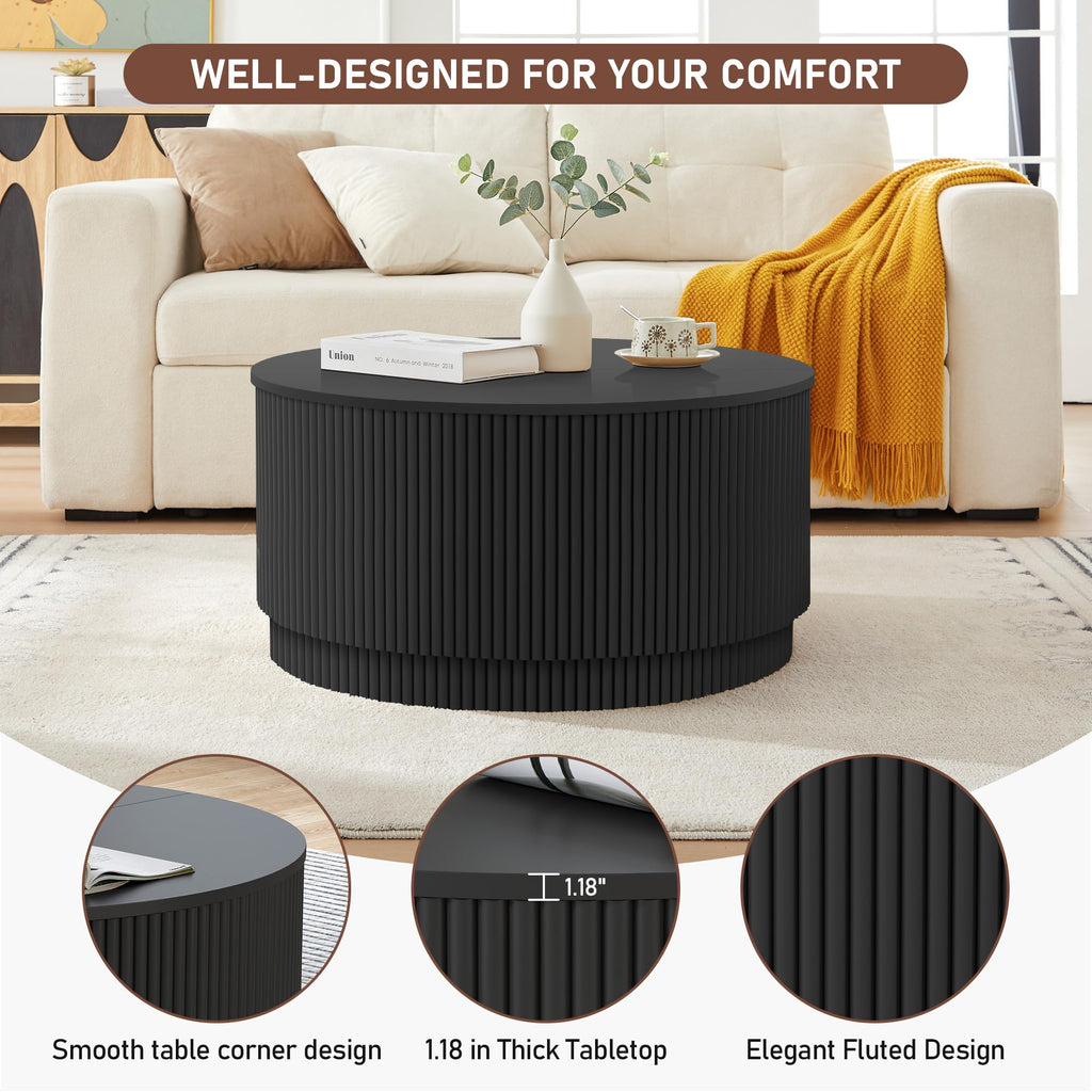 31.5" Round with Storage, Modern Accent Coffee Tables with Fluted Base, Wooden Circle Center Table Small Space