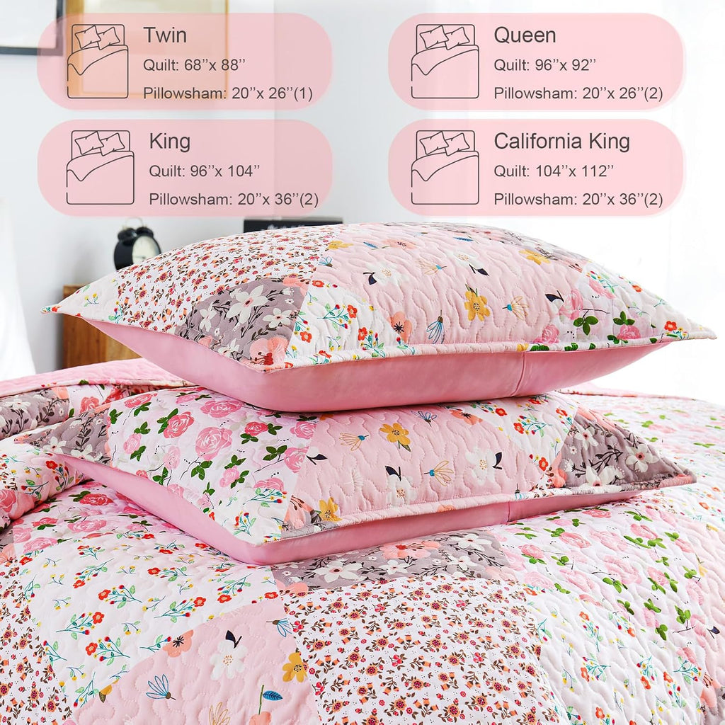 Patchwork Quilts Queen, Extra Soft Boho Floral Bedspreads for Bed Reversible Lightweight Full Queen Quilt Bedding Set