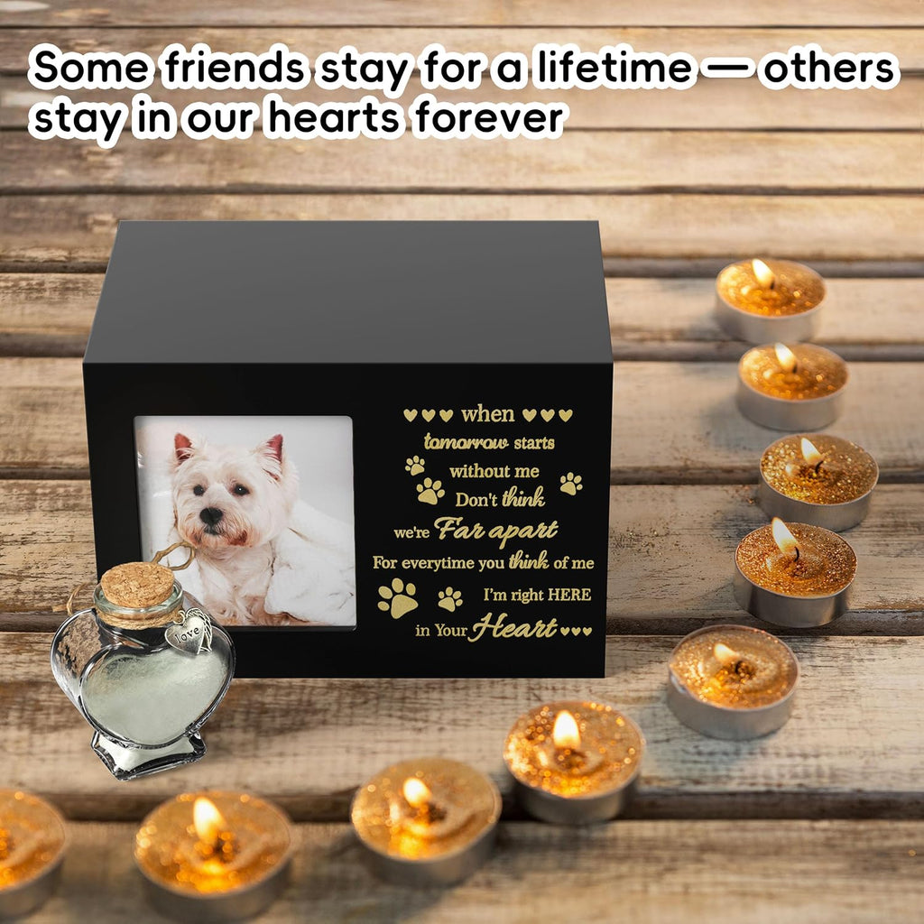 Pet Memorial Urn with Photo Frame, 110 Cubic Inches Wooden Pet Cremation Urn for Dogs & Cats, Sympathy Gift Set