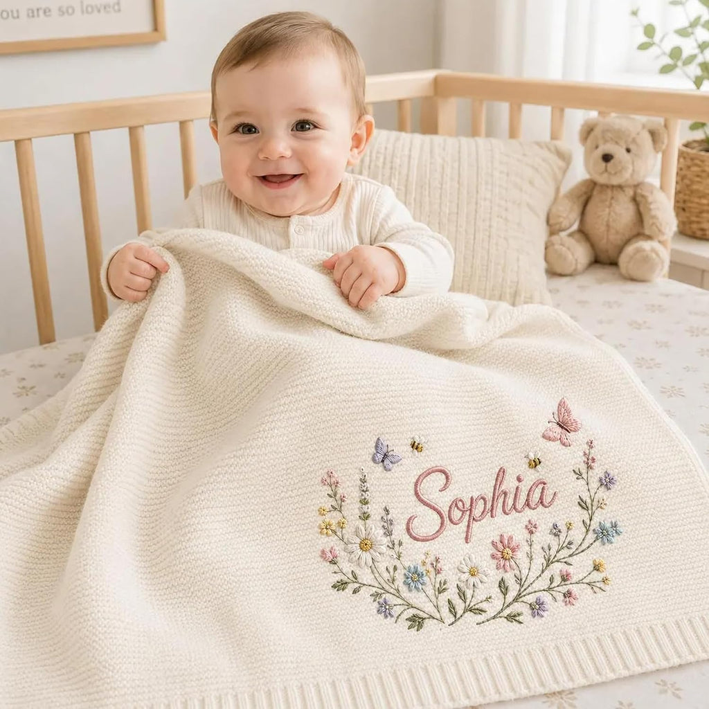 Personalized Baby Blanket Embroidered with Name, Custom Knit Baby Blanket for Girls Boys, Newborn Baby Gift, Gift