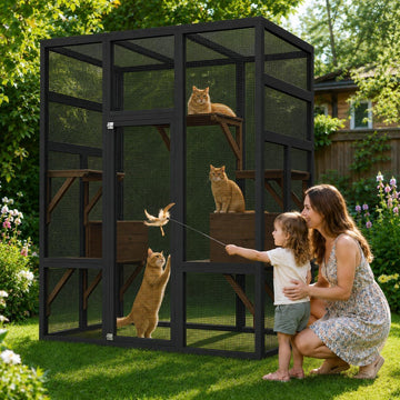 70" Walk-in Wooden Catio, Outdoor Cat Enclosure with Window Access, Black