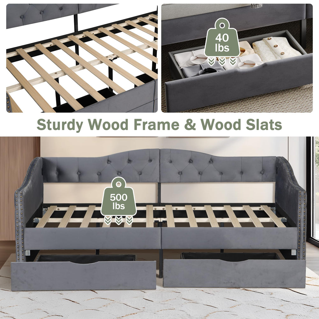 Full Size Daybed with Storage Drawers, Upholstered Daybed