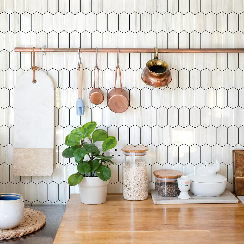 Long Hexagon Peel and Stick Backsplash Tile - 10 Sheets Stick on Backsplash 12.4 x 12 Inch Glossy Dolomite White PVC