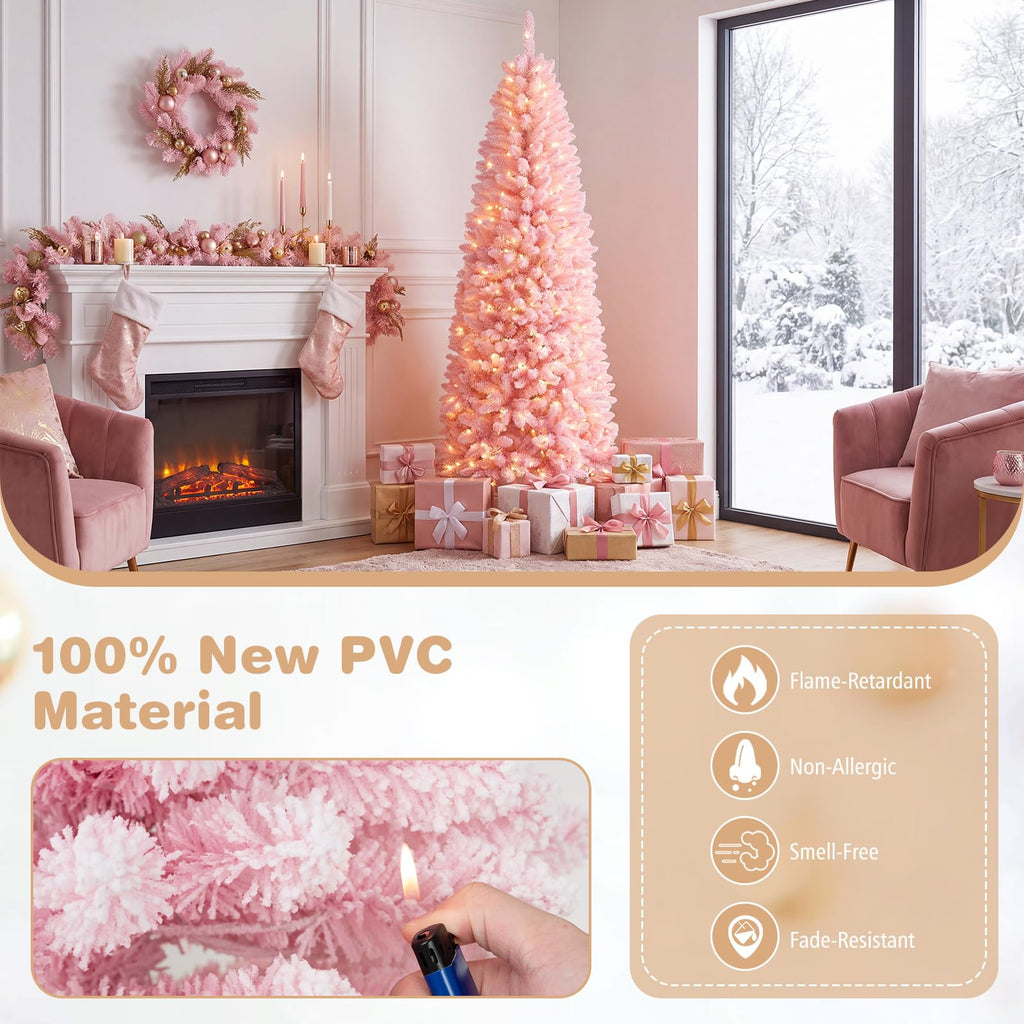 7FT Pre-Lit Pencil Christmas Tree, Snow Flocked Pink Xmas Tree
