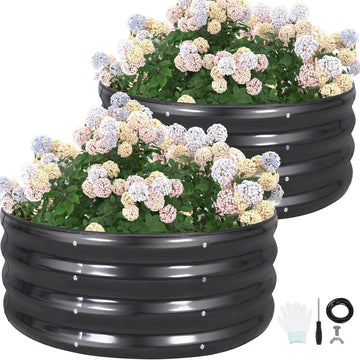 Round Raised Garden Bed Outdoor, 3x3x1ft, 2Pcs, Dark Grey | Galvanized Steel Planter Box, Rubber Edge Trim