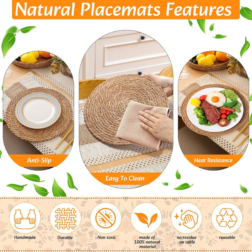 Boho Placemats 4/6/8 Set of Round Woven Placemat Macrame Style Bicolor Stitching Long Table Runner Farmhouse Rustic