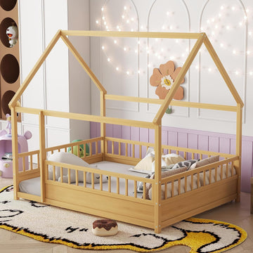 House Floor Bed Frame Full Size, Wood Montessori Floor Bed with High Fence and Roof, Easy Assemble Montessori Beds