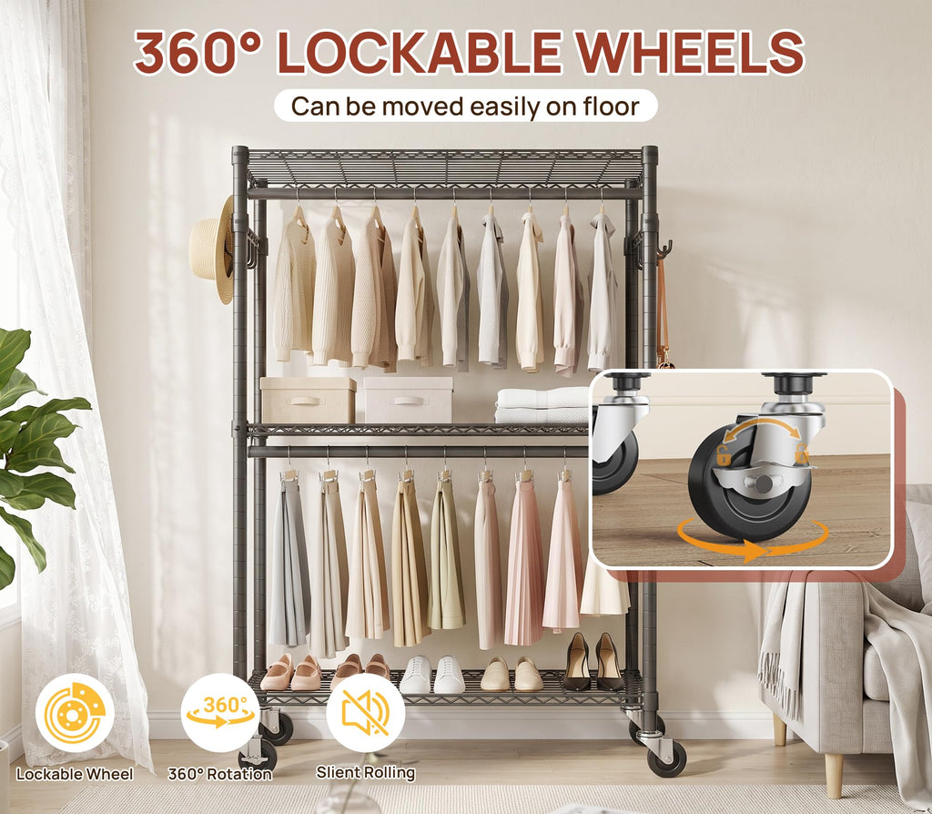 Clothes Rack, Rolling Rack 3 Tiers Adjustable Clothes Rack, Black