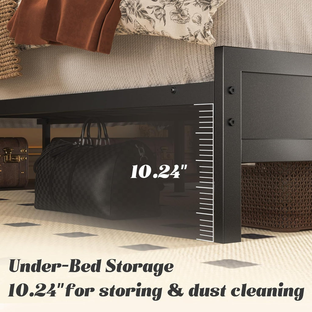 Queen Bed Frame with Headboard & Footboard, Bed Frame with Built-in Charging Station & LED Light, Storage Shelf
