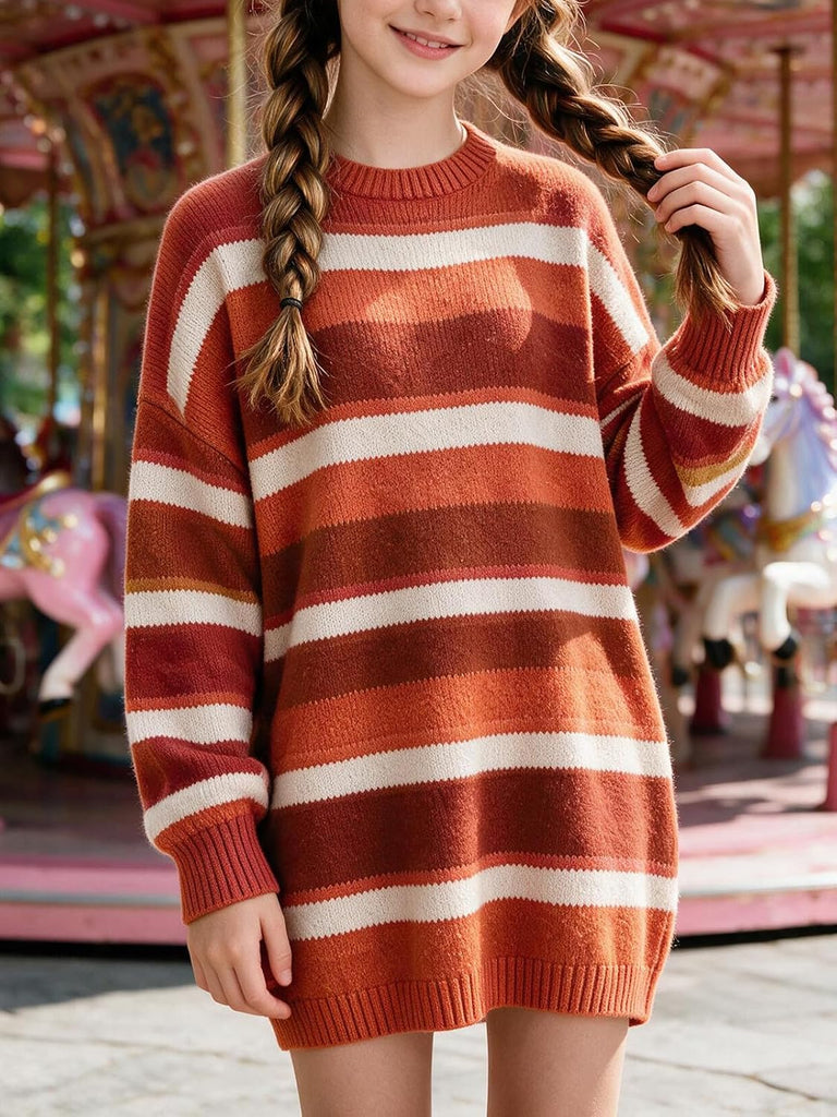 Striped Sweater Dress Crew Neck Long Sleeve Warm Pullover Casual Loose Cute Trendy Fall Winter Mini Dresses