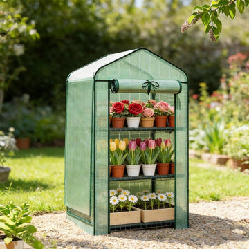 Small Mini Greenhouse with Three-Tier Shelves and Double-Layer Roof | Double-layer roof with zippered door for