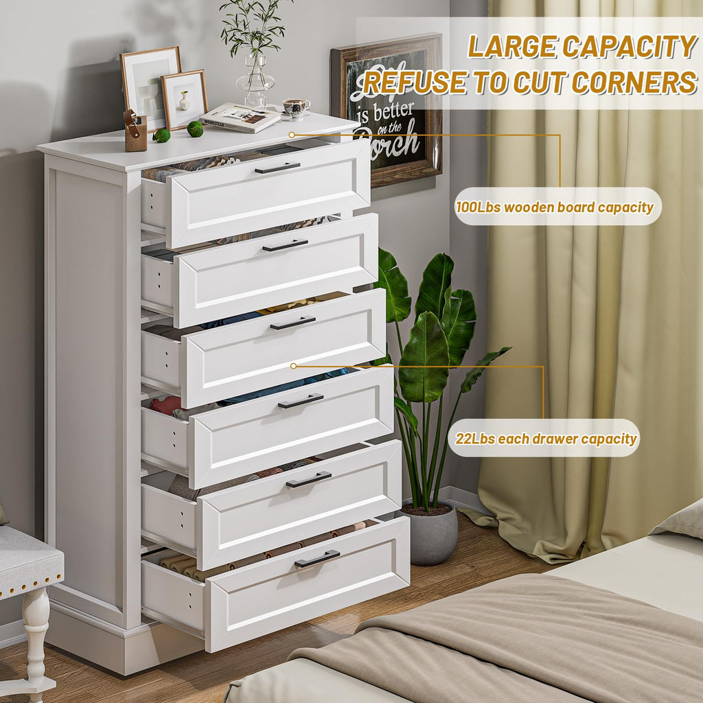 White 6 Drawer, 55 Inch Tall White, Modern Farmhouse Style Chest of Drawers Living Room, Wood Rustic Tall Clothing