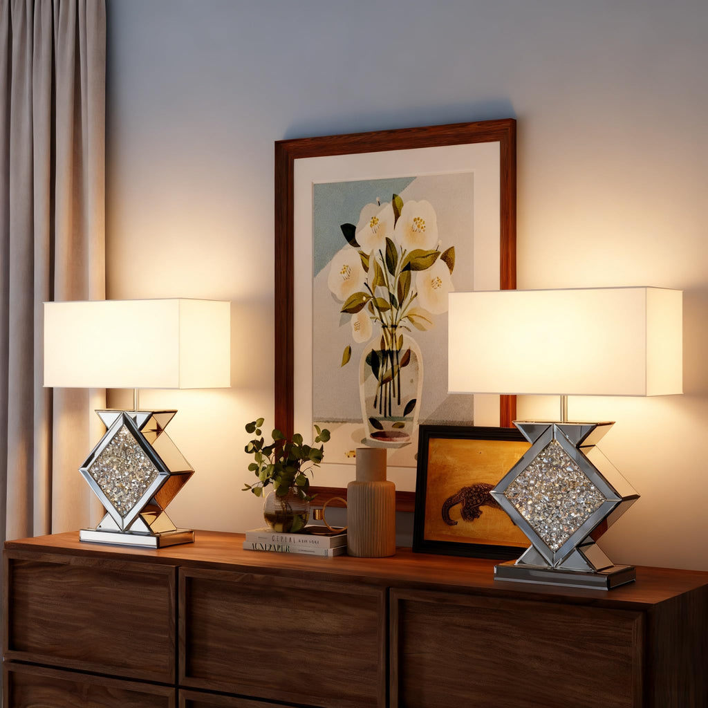 Crystal Crushed Diamond Mirrored Table Lamp, 23.6" Silver Glass Rectangular Bedside Lamp with Linen Shade, 3-Way