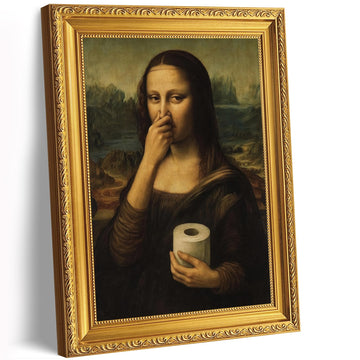 Gold Framed Bathroom Wall Art Funny Mona Lisa Canvas Prints Humor Pinching Nose Pictures Wall Decor Bedroom Bathroom